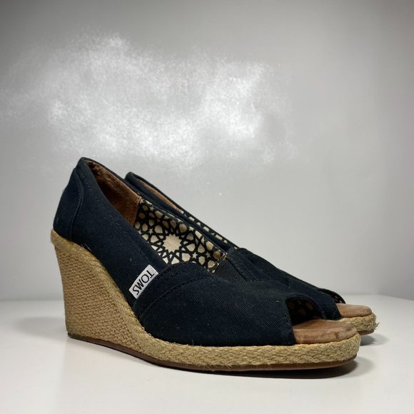 Toms Women Shoes Twill Espadrilles Cork Peep Toe Wedge Black Sz 7 - Picture 1 of 16